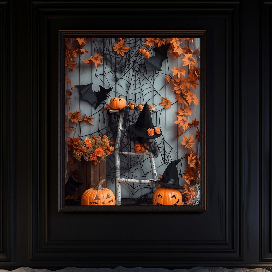 Halloween Witch Hat Pumpkins Rustic Ladder Spiderweb Autumn Poster