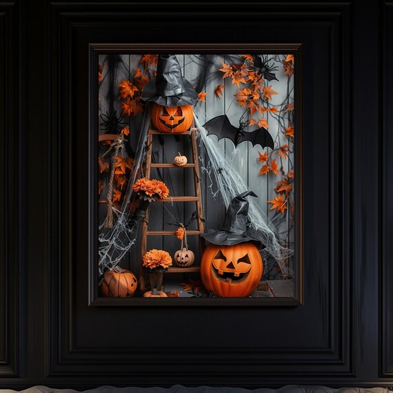 Jack O Lantern Witch Hat Ladder Scene With Bats And Autumn Poster