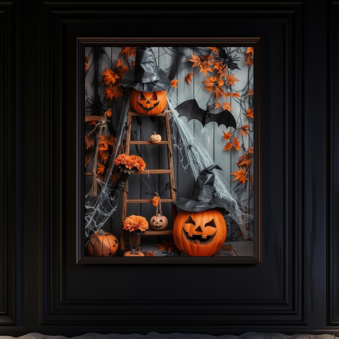Jack O Lantern Witch Hat Ladder Scene With Bats And Autumn Poster
