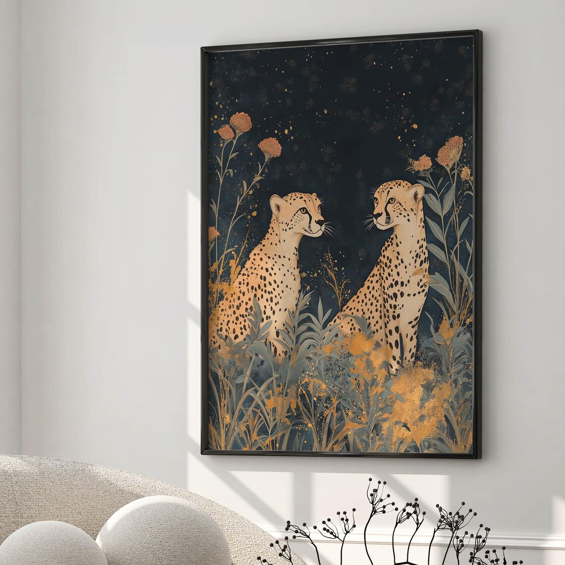 Cheetah Pair Starry Night Gold Foliage Elegant Safari Wild Wall Art