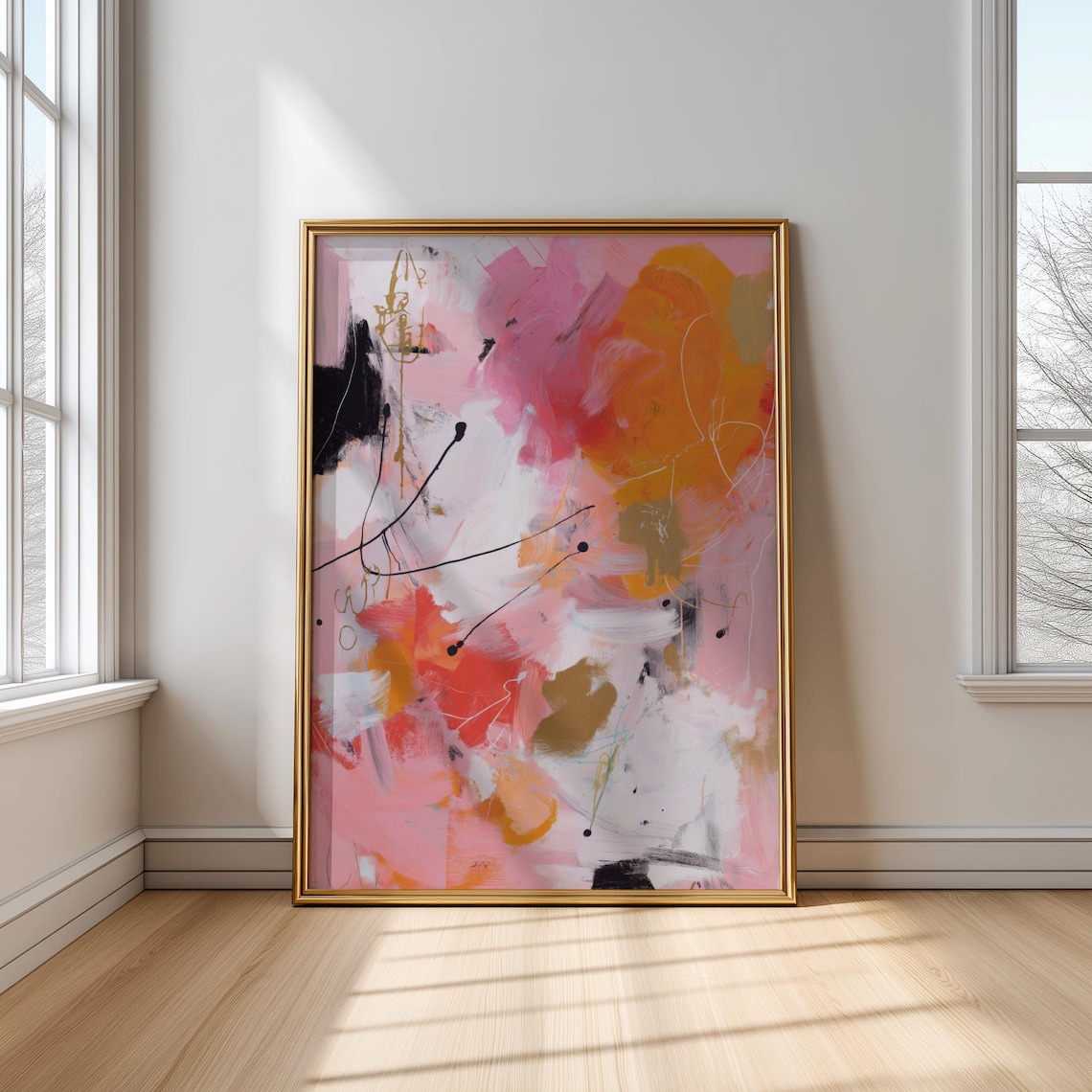 Soft Pink Orange Gold Pastel Abstract Brushstroke Painting Poster