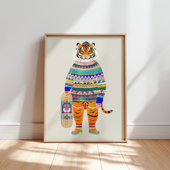 Tiger Illustration Nursery Prints Kids Room Wall Art Collection Baby Decor Playful Animal Eclectic
