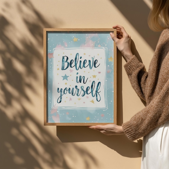 Believe In Yourself Blue Stars Watercolor Kids Motivational Quote Poster