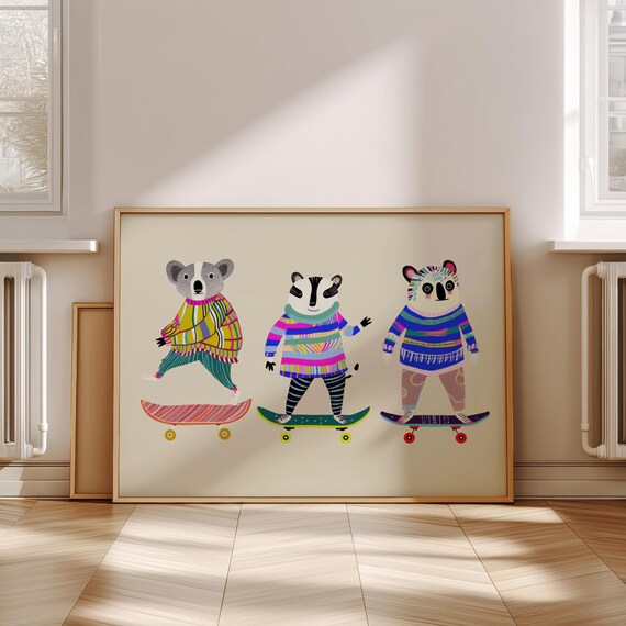 Playful Animals Riding Skateboards Colorful Kids Nursery Poster