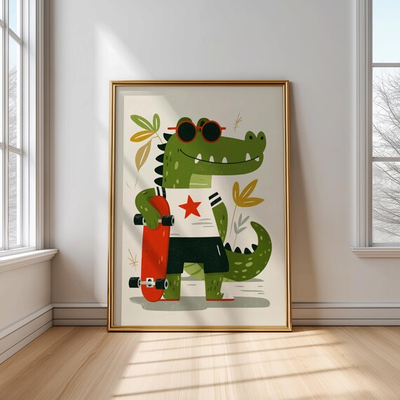 Cool Crocodile Skateboard Poster Fun Kids Room Wall Art Skater Nursery Print Alligator Illustration