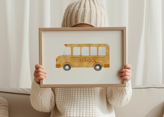 School Bus Poster Watercolor Yellow Wall Art For Kids Room Nursery Print Classroom Decor Back To Gift Digitaldownload