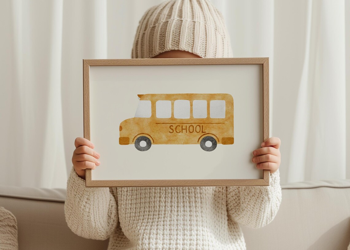 Yellow School Bus Watercolor Illustration Kids Classroom Poster