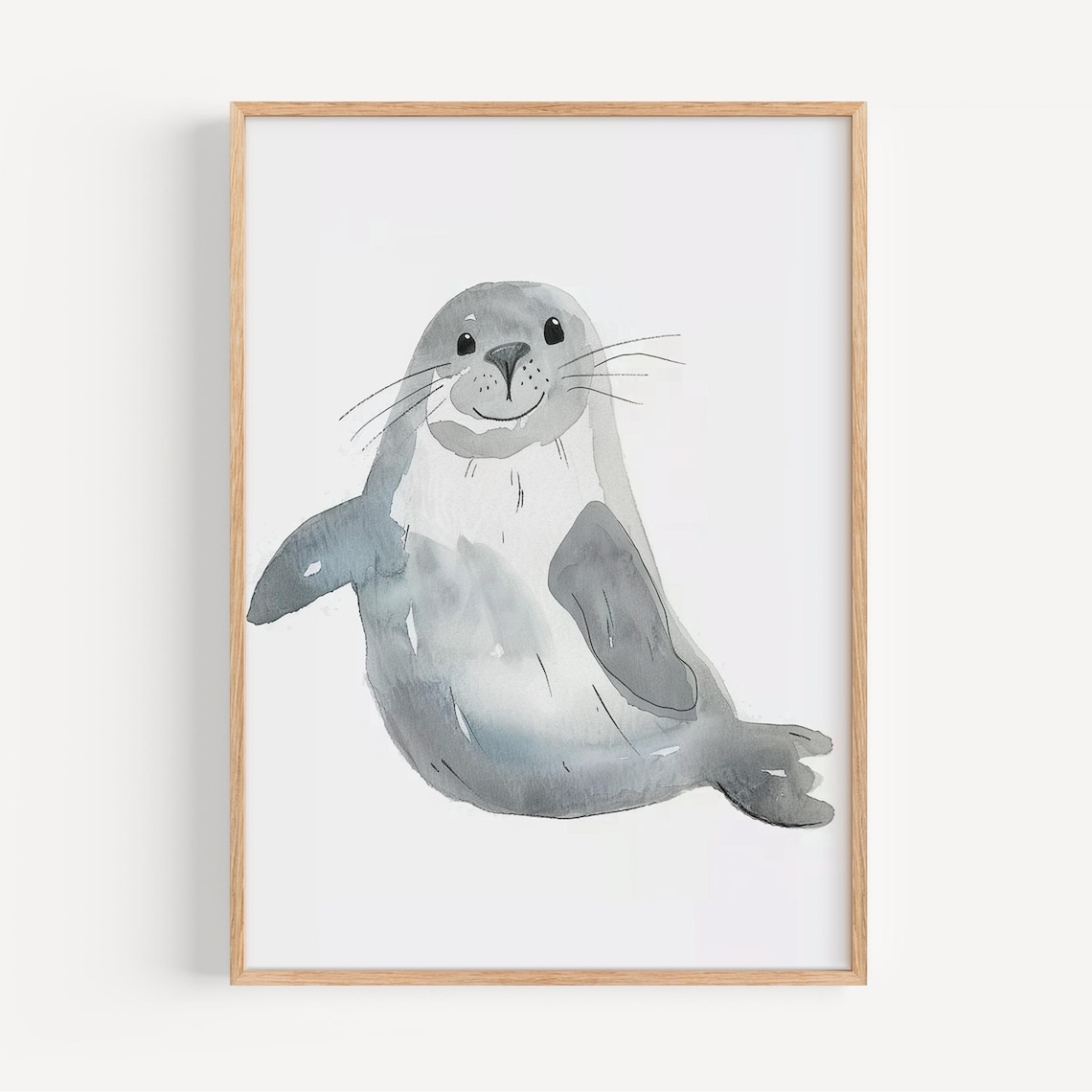 Smiling Gray Seal Pup Watercolor Poster for Kids Room Nursery Decor