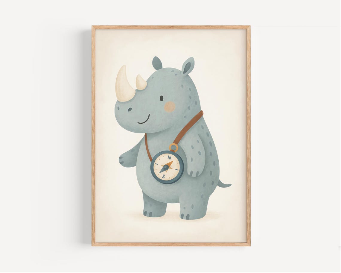 Cute Smiling Rhino With Compass Safari Adventure Nursery Animal Poster
