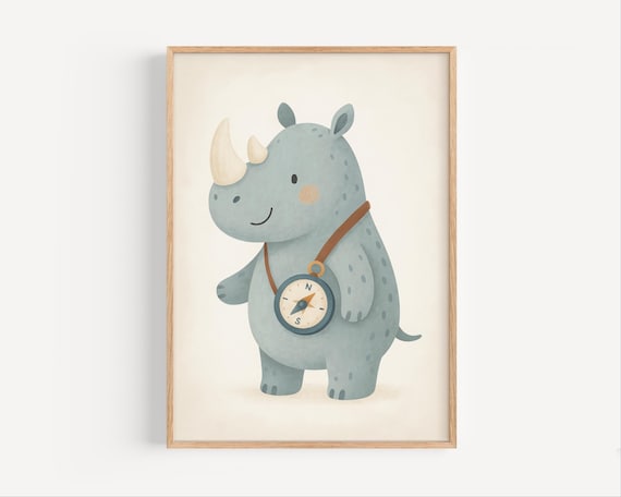 Cute Smiling Rhino With Compass Safari Adventure Nursery Animal Poster