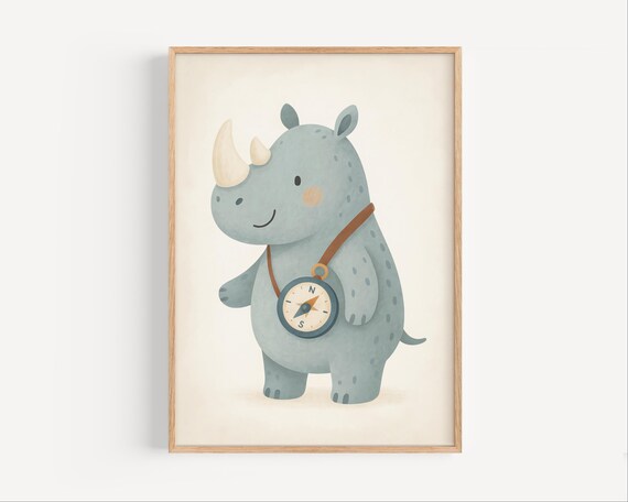 Rhino Nursery Wall Art Adventure Animal Poster Safari Theme Kids Room Decor Compass