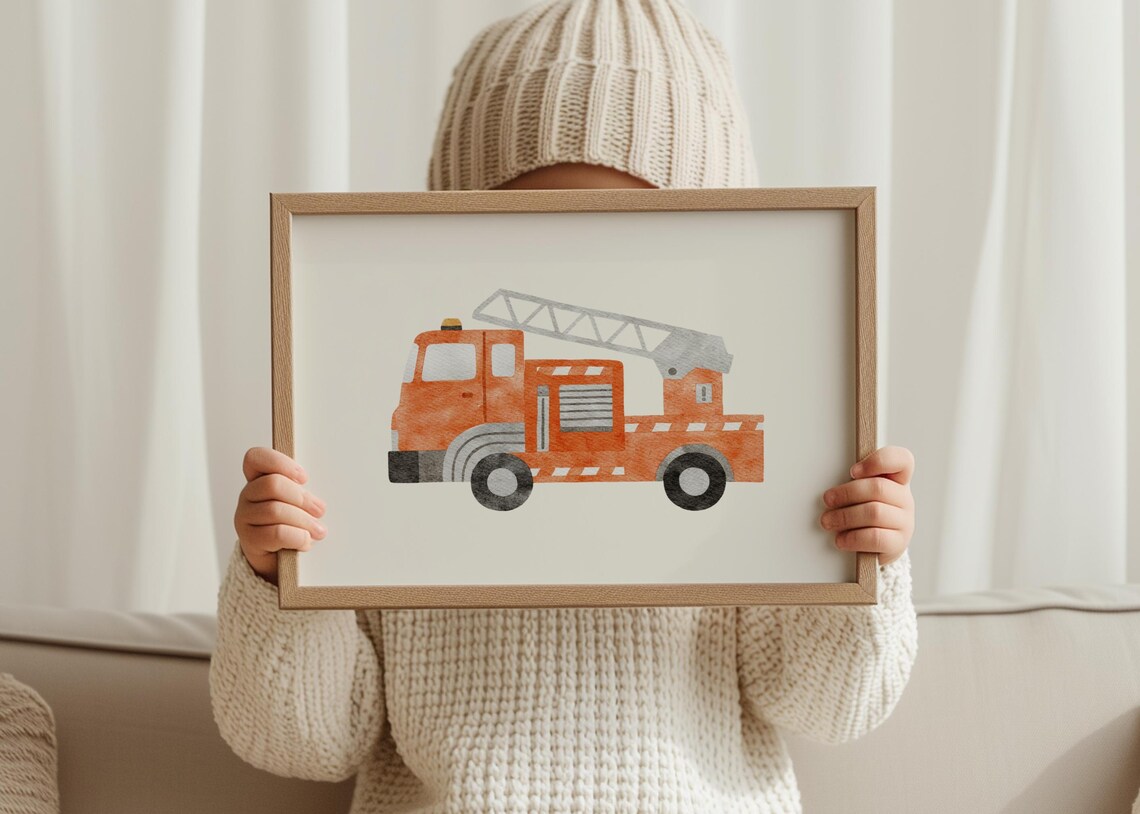 Watercolor Fire Truck With Ladder Poster For Little Boys Room