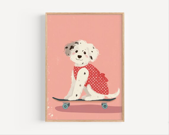 Sitting Puppy On Skateboard Red Dress Cute Coral Nursery Kids Poster