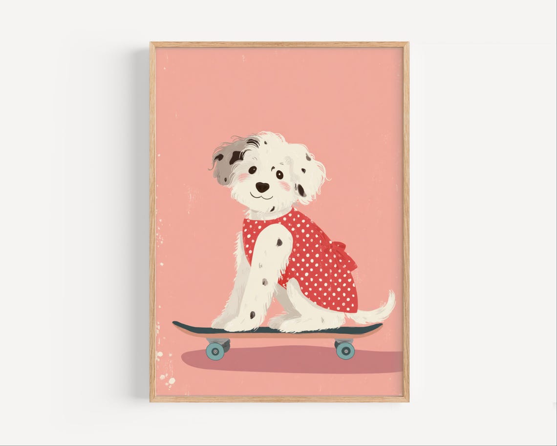 Sitting Puppy On Skateboard Red Dress Cute Coral Nursery Kids Poster