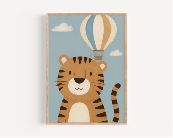 Tiger Wall Art Hot Air Balloon Print Animal Nursery Decor Kids Room Poster Baby Boy Safari Theme
