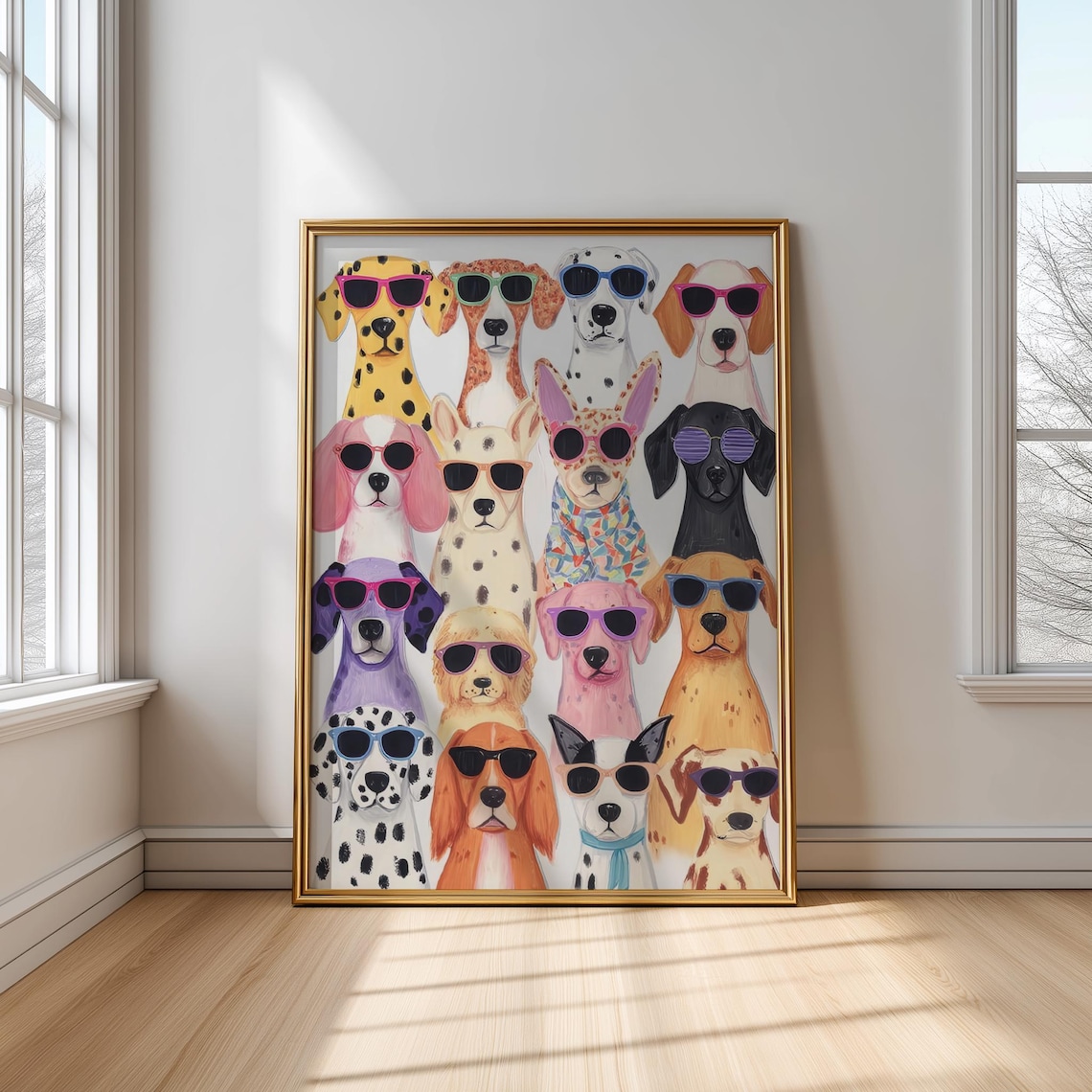 Colorful Dogs In Sunglasses Grid Pop Art Funny Dog Lover Kids Room Wall Poster
