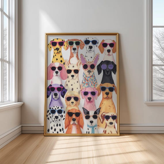 Dogs In Sunglasses Poster Funny Animal Print For Kids Cute Dog Nursery Decor Pastel Wall Art Childrens Room