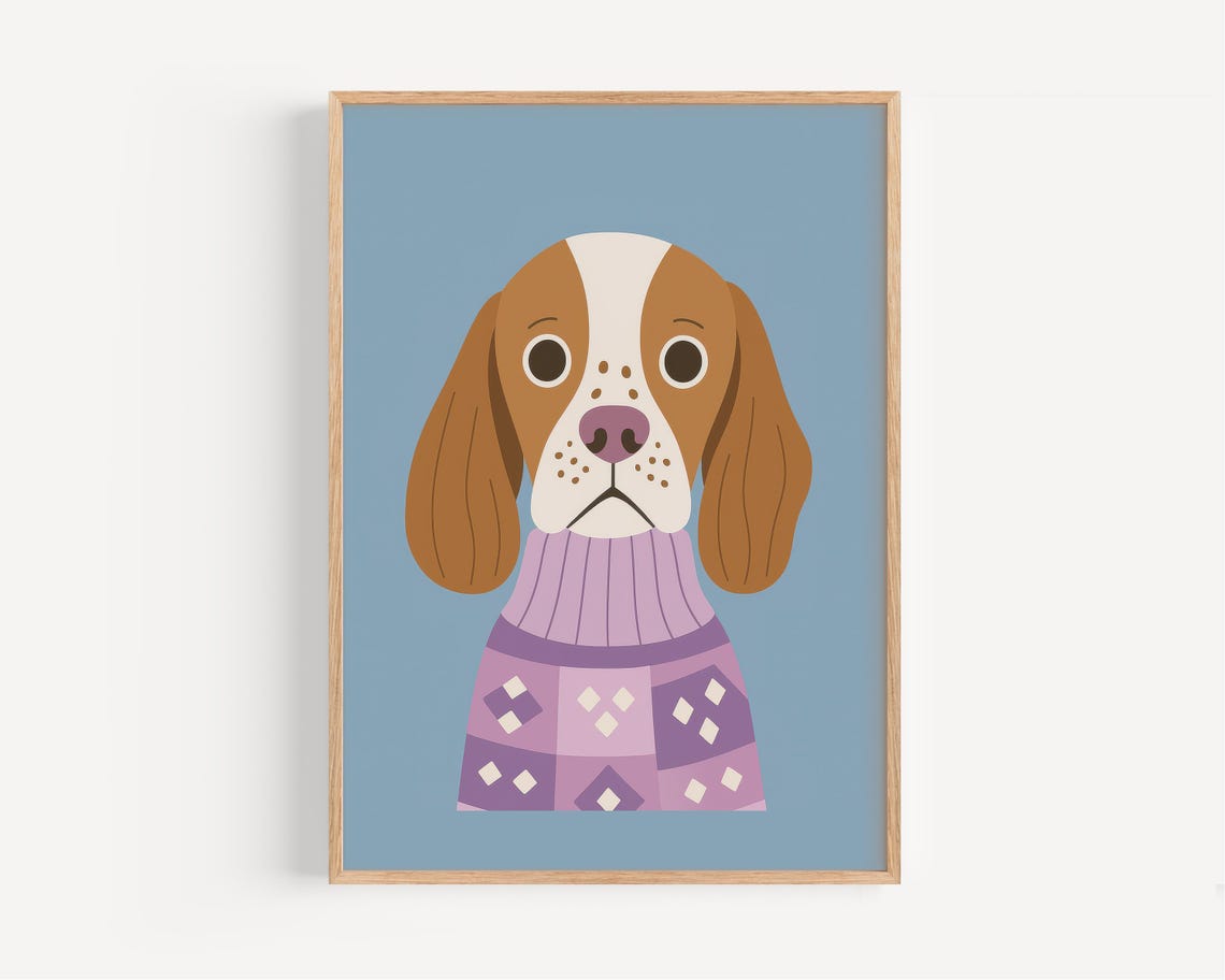 Cute Brown And White Spaniel In Purple Sweater Nursery Dog Art Poster
