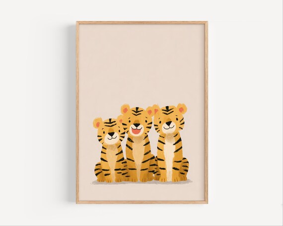 Three Smiling Tiger Cubs Pastel Safari Kids Room Fine Art Poster