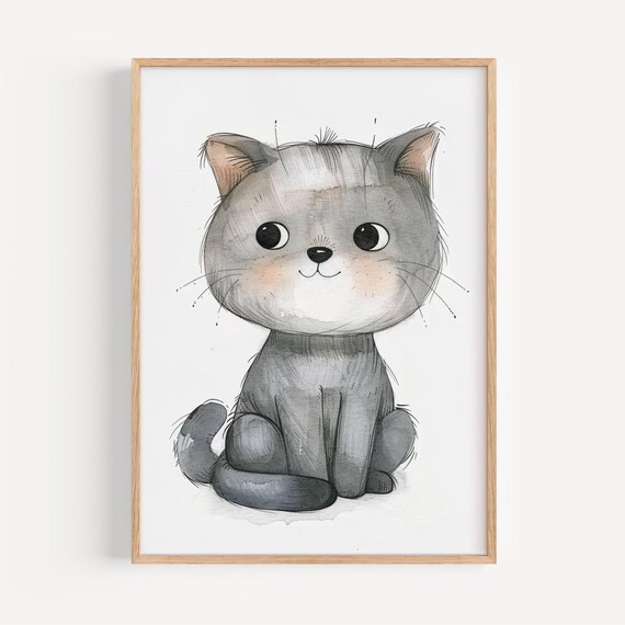 Sweet Gray Watercolor Kitten Poster for Neutral Nursery Room Decor