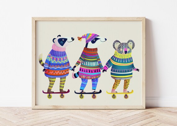 Skateboarding Animals Art Print Koala Badgers Holding Hands Poster Colorful Nursery Wall Decor Kids Room Illustration