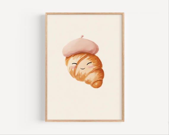 Smiling Croissant Art Cute French Kitchen Wall Decor Whimsical Breakfast