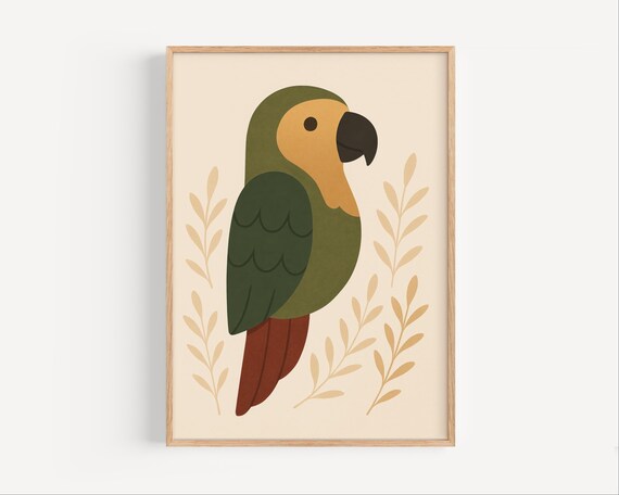 Cute Green Parrot Minimalist Boho Nursery Animal Illustration Poster