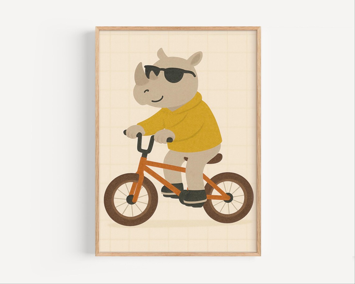 Cool Rhino with Sunglasses Riding Orange Bike Kids Room Poster