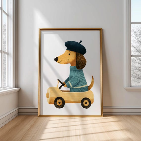 Driving Dog Wall Art Cute In Car Poster Kids Animal Room Print Nursery Illustration French Decor