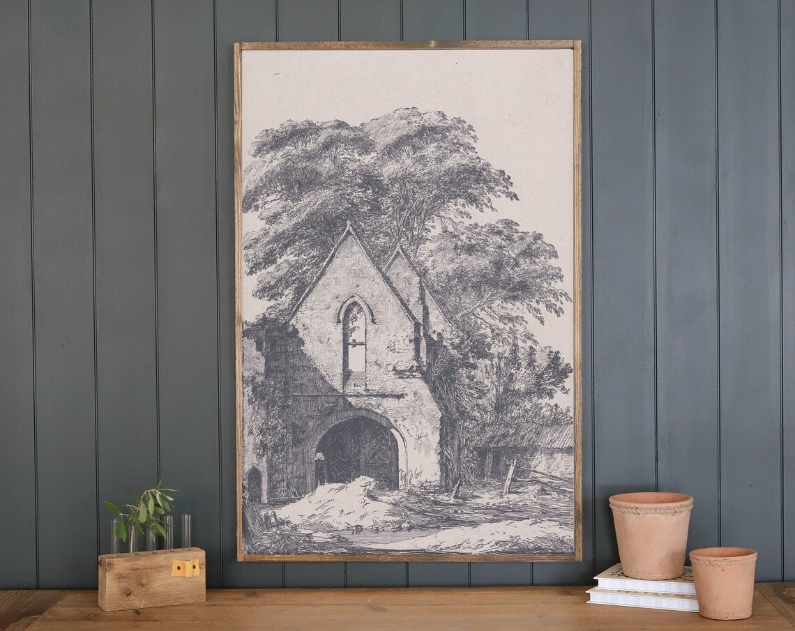 Vintage Stone Church Gatehouse Ruins Etching Architecture Poster