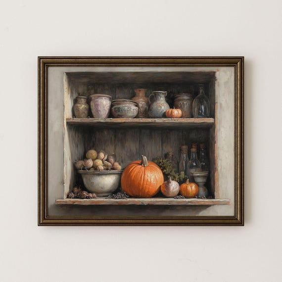 Vintage Kitchen Shelf Still Life Print Farmhouse Fall Decor