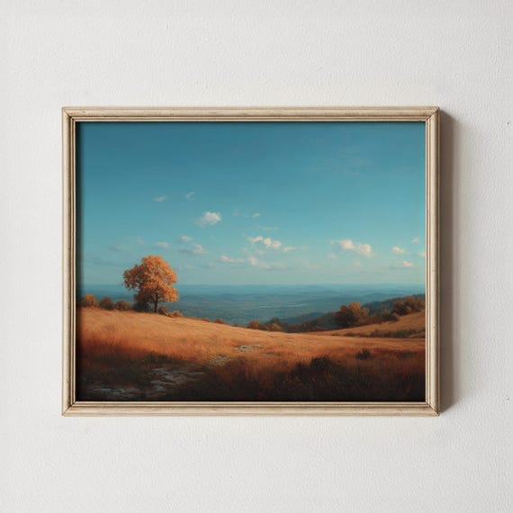 Rustic Fall Landscape Lone Beech Tree On Golden Hill Warm Neutral Tones Cozy Autumn Scene Serene Art 440