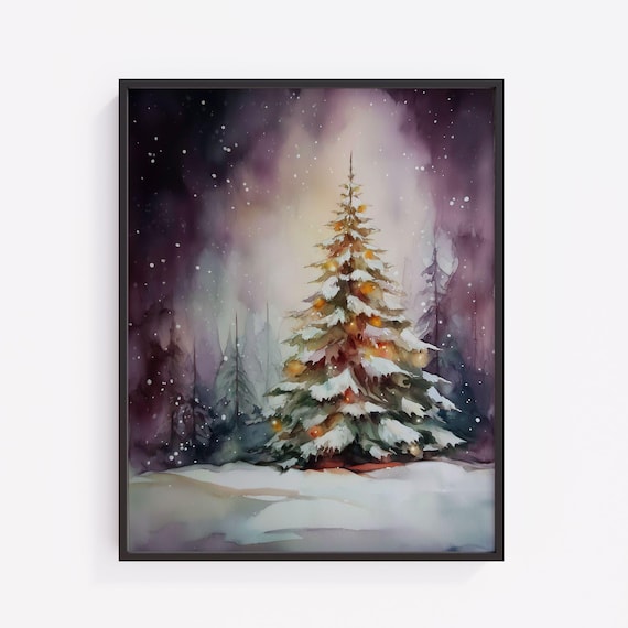 Snowy Christmas Tree In Winter Forest Festive Watercolor Painting Cozy Rustic Decor Moody Night Sky Wall Art 465