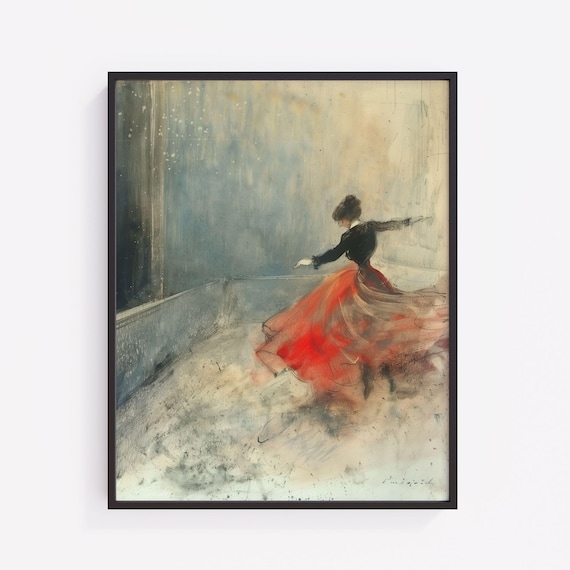Flamenco Dancer in Flowing Red Skirt Expressive Watercolor Art Poster