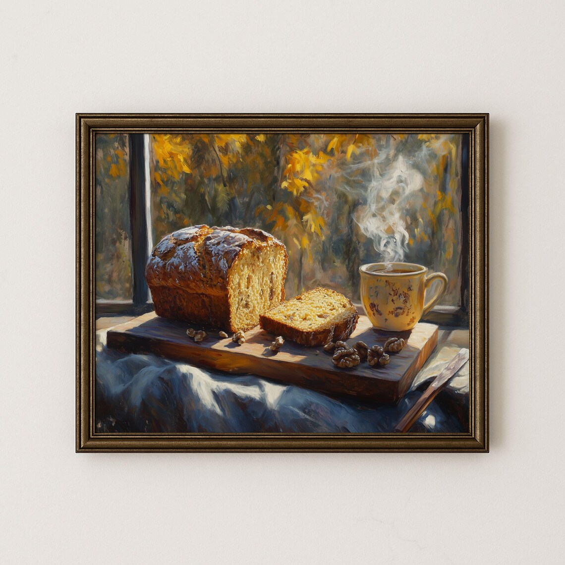 Cozy Autumn Breakfast Art Rustic Cottage Kitchen Scene Vintage Pumpkin Bread Painting Warm Fall Wall Decor Artwork 190