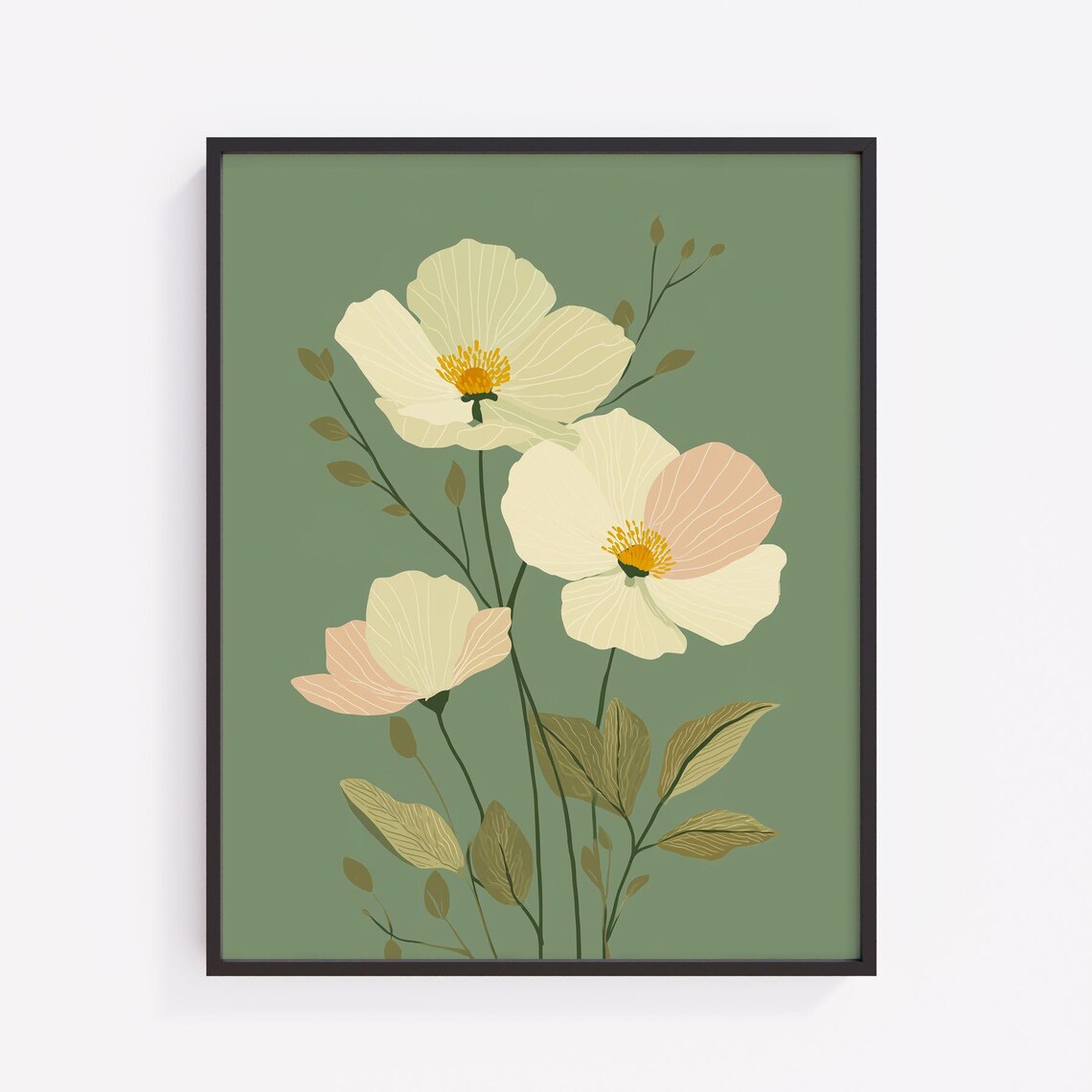 Floral Botanical Art Print Minimalist Green White Flowers