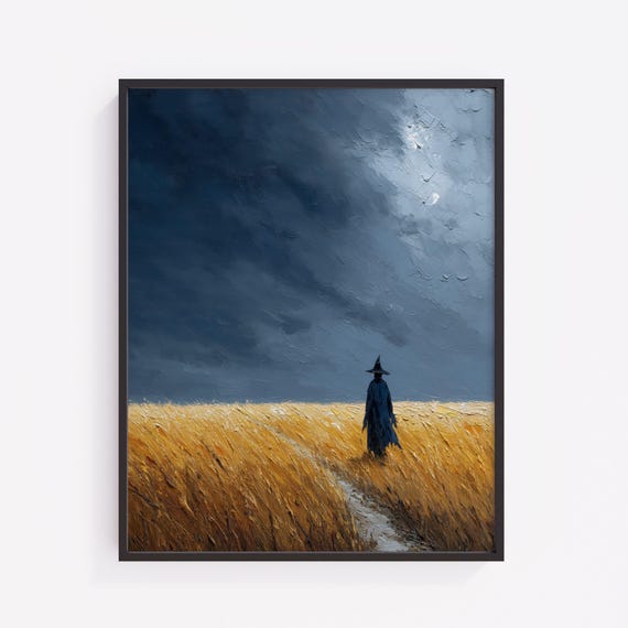 Moonlit Scarecrow Cornfield Print Dark Autumn Landscape V362