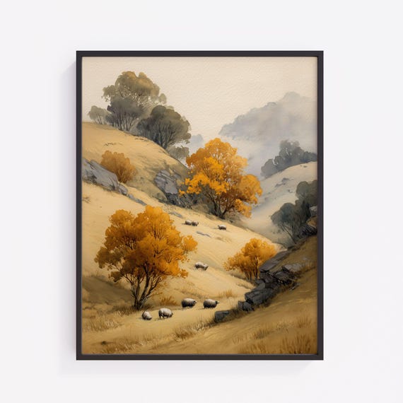 Autumn Landscape Print Grazing Sheep Rustic Farmhouse Art 147