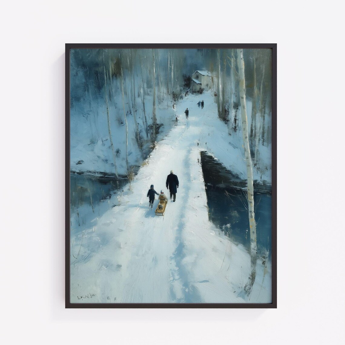 Family Sledding Snowy Forest Path Winter Nostalgia Oil Style Art Print