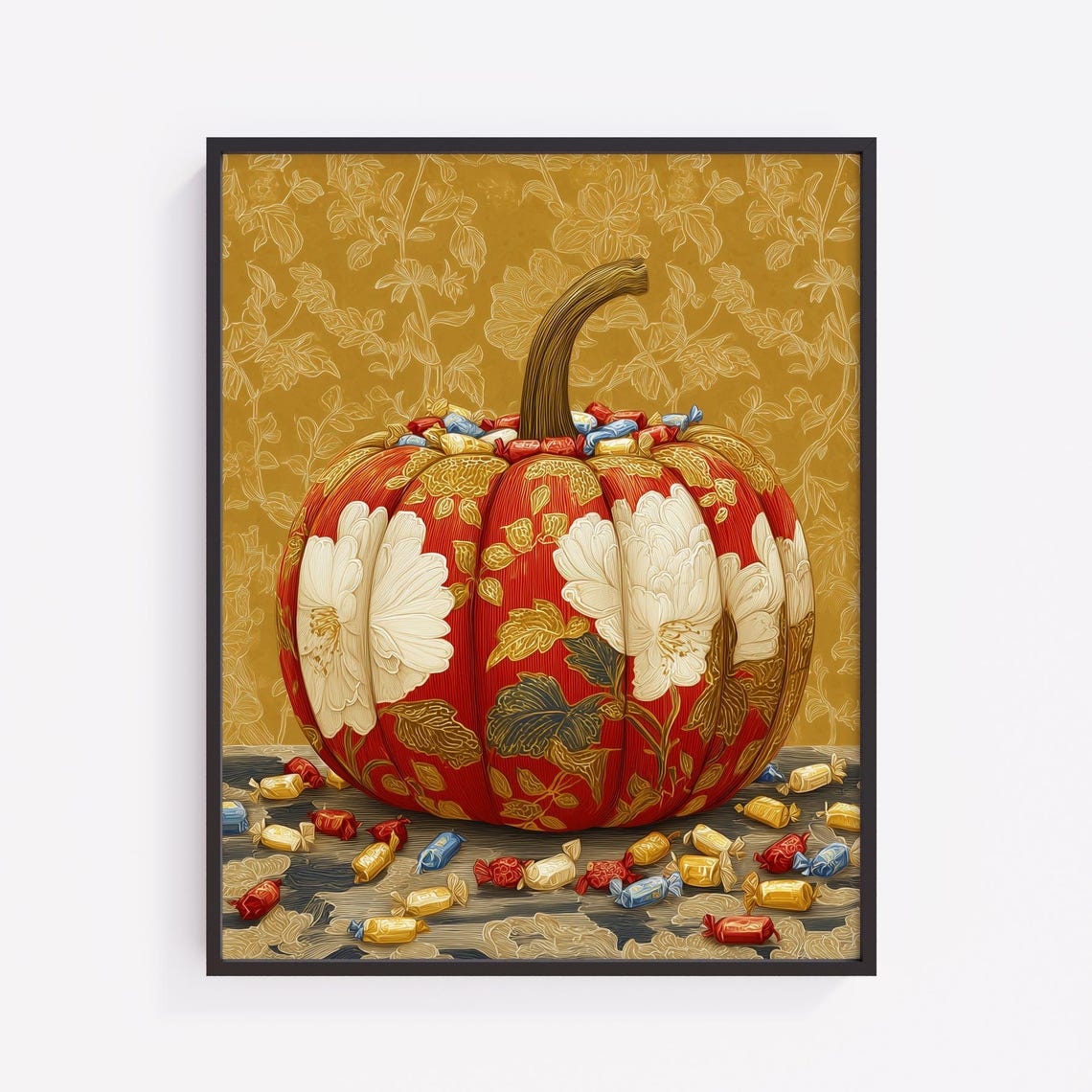 Floral Patchwork Pumpkin Autumn Art Vintage Halloween Candy Art Poster