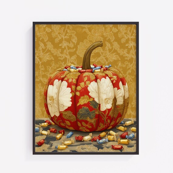 Floral Patchwork Pumpkin Art Vintage Halloween Decor