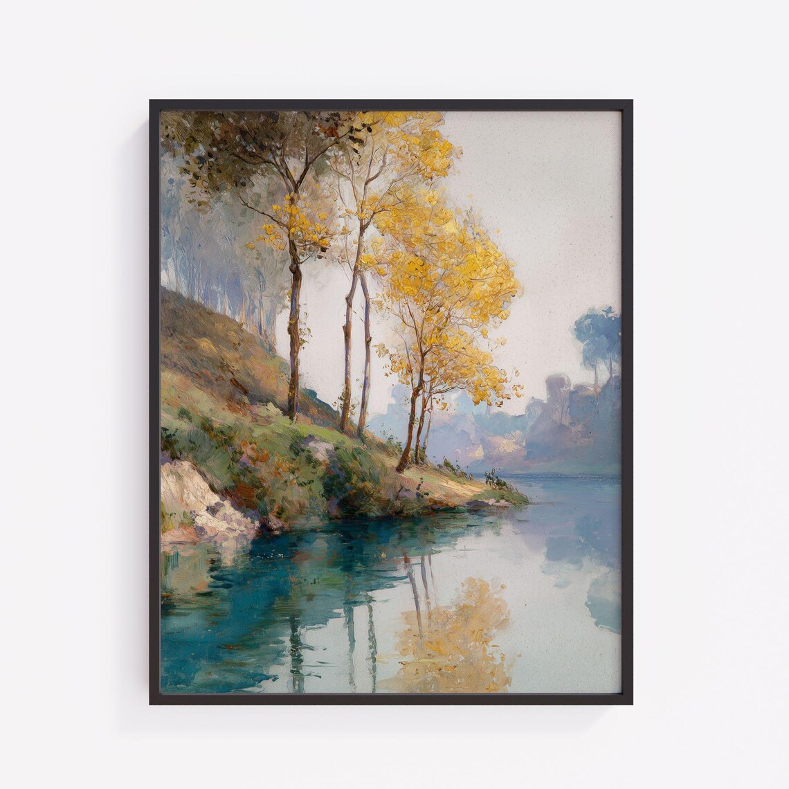 Golden Willow Trees Autumn Riverbank Vintage Oil Painting Poster