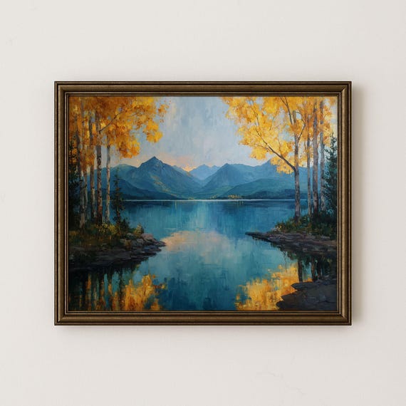 Autumn Lakeside Mountain Scene Rustic Vintage Landscape Art