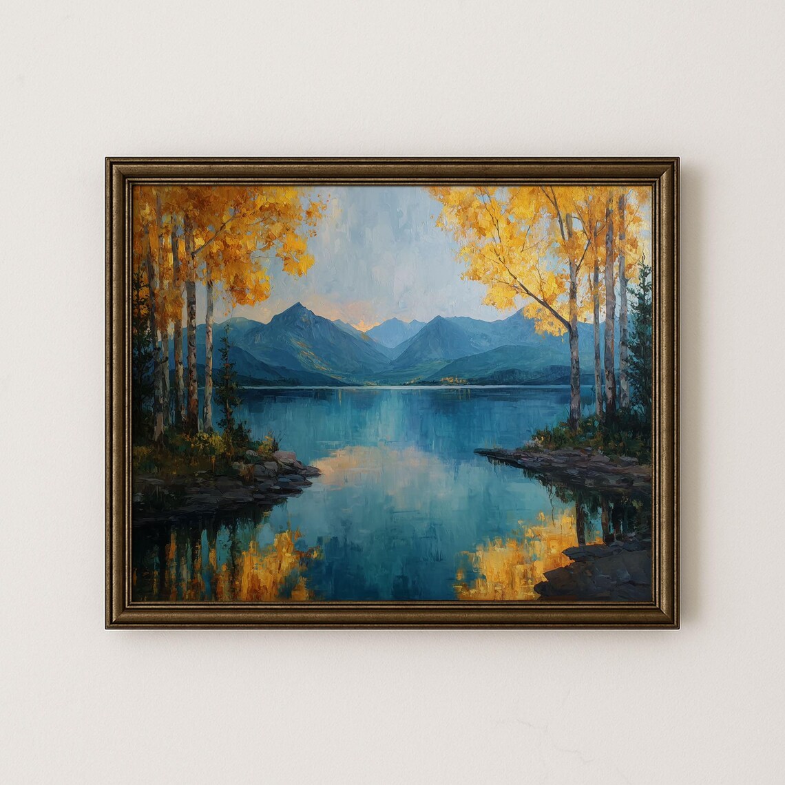 Golden Aspen Lakeside Dusk Calm Mountain Lake Oil Painting Poster
