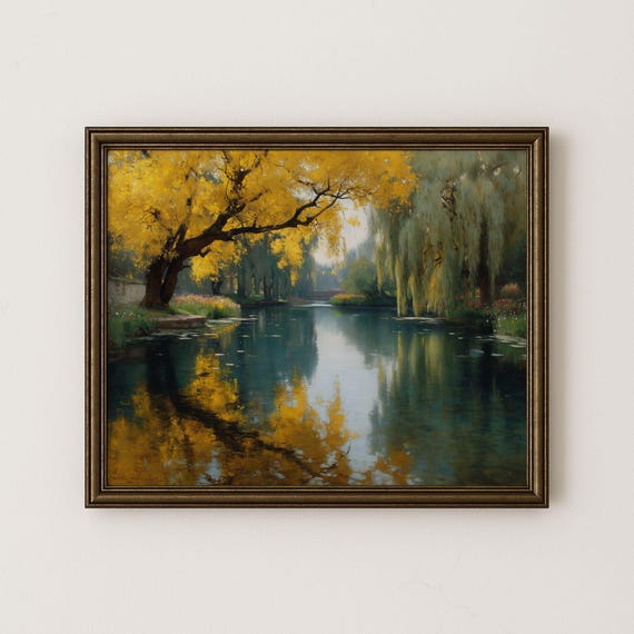 Autumn Willow Pond Art Print Vintage Fall Landscape H41