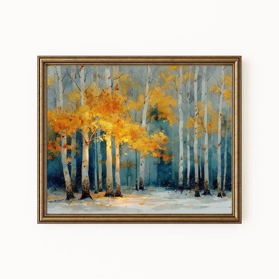 Autumn Birch Tree Landscape Art Golden Leaves Snowy Forest