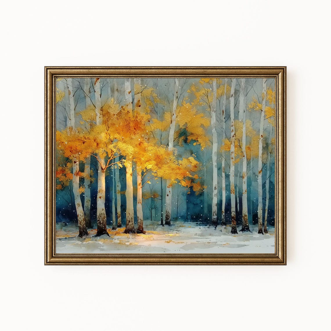 Autumn Birch Tree Landscape Art Golden Leaves Snowy Forest