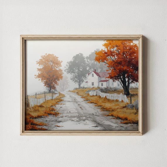Autumn Farmhouse Art Rustic Country Road Print
