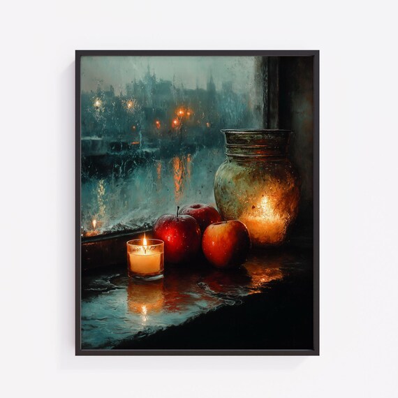 Cozy Winter Window Candlelight Apples Rainy Night Still Life Poster