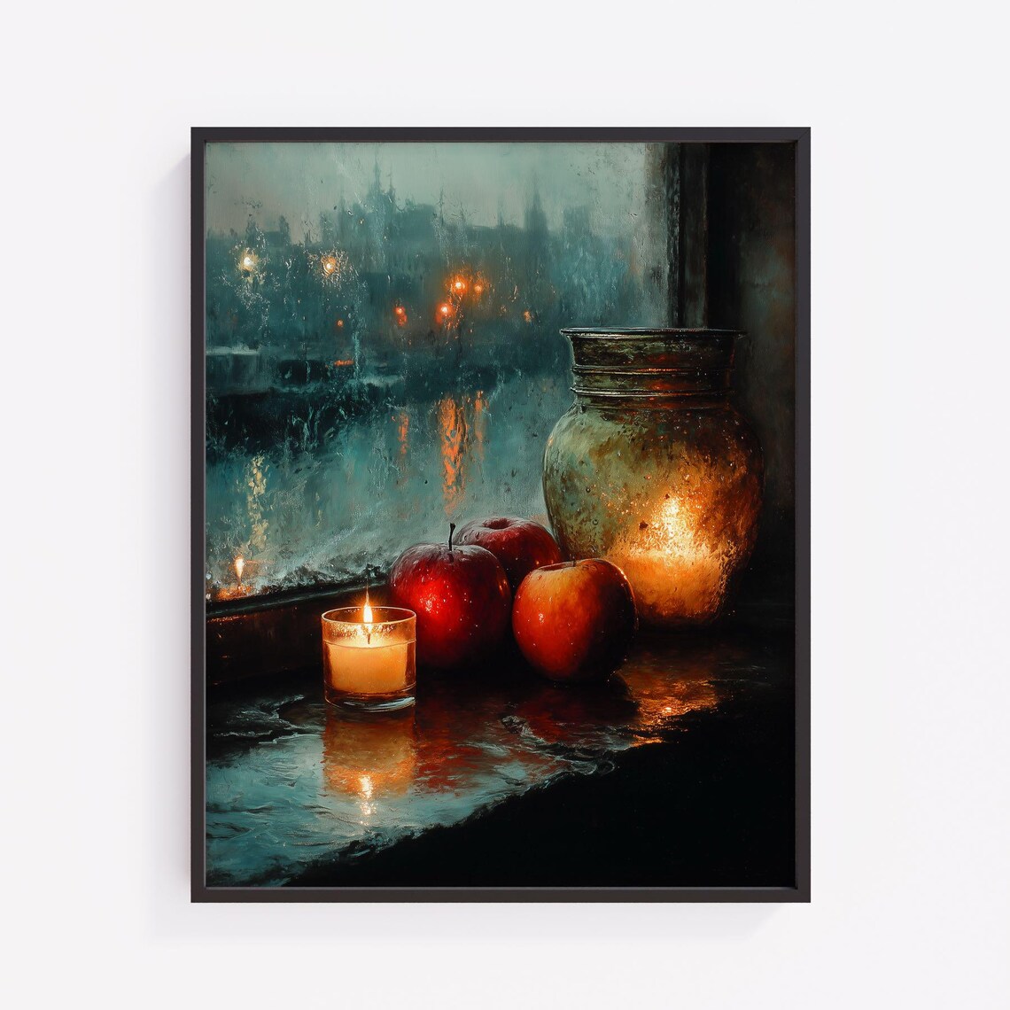 Cozy Winter Window Candlelight Apples Rainy Night Still Life Poster